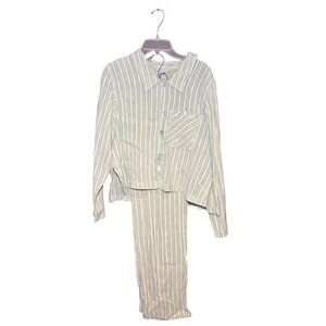 Studio 929 Sage Green Striped Two Piece Pajama Set Button Down Pants Small